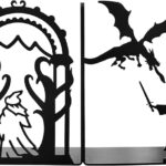 Wizard & Dragon Fantasy Metal Bookends by Decorative Bookends 7 Tall Non-Skid Desk & Shelf Organizer (Black, 3lb)